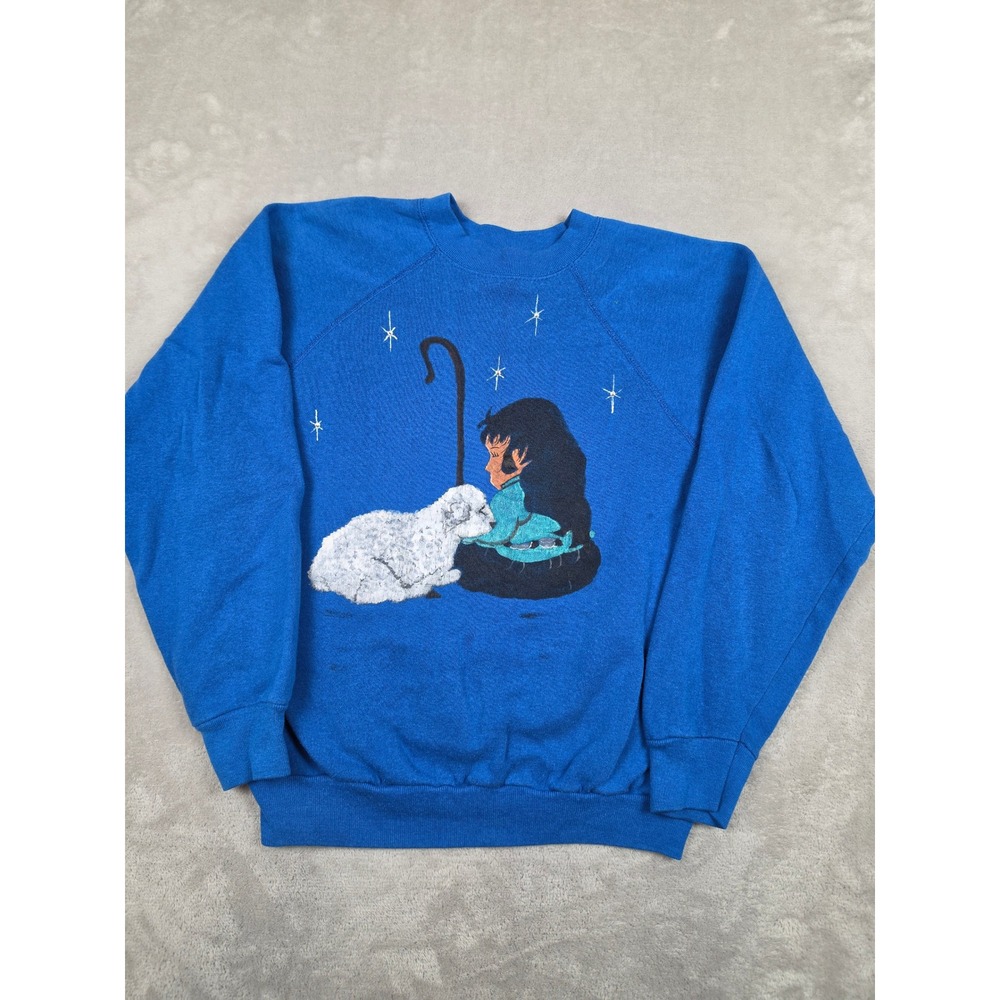 Vintage Tultex Sweatshirt Womens M Fit S Blue Hand Painted Shepherd Lamb Raglan